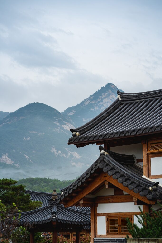 Vertical shot of a traditional building on a gloomy day in South Korea